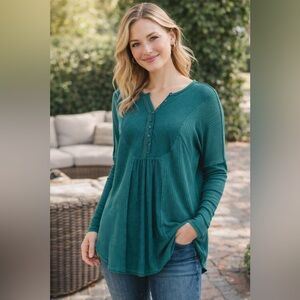 Free People Women's Evergreen Waffle Knit Teal Leo Henley Oversized EUC L #1825